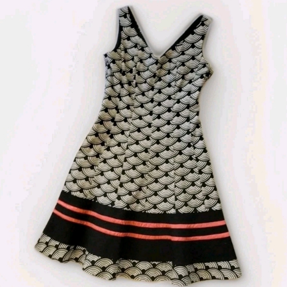 Nine West Dress Japanese Seigaiha Wave Pattern Blk+Wht+Red Sz 2 4 Sleeveless